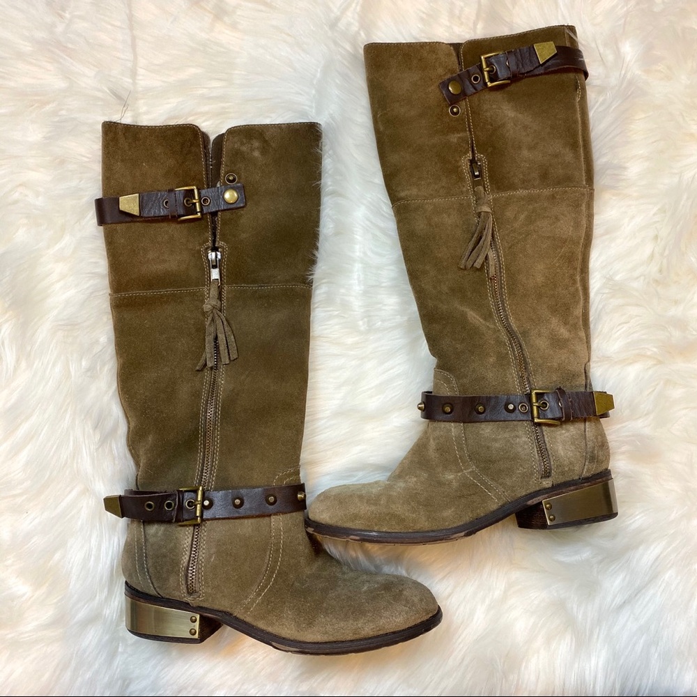 Very Volatile Suede Emperor Brown Gold Plated Knee High Zip Riding Boots - Picture 6 of 12